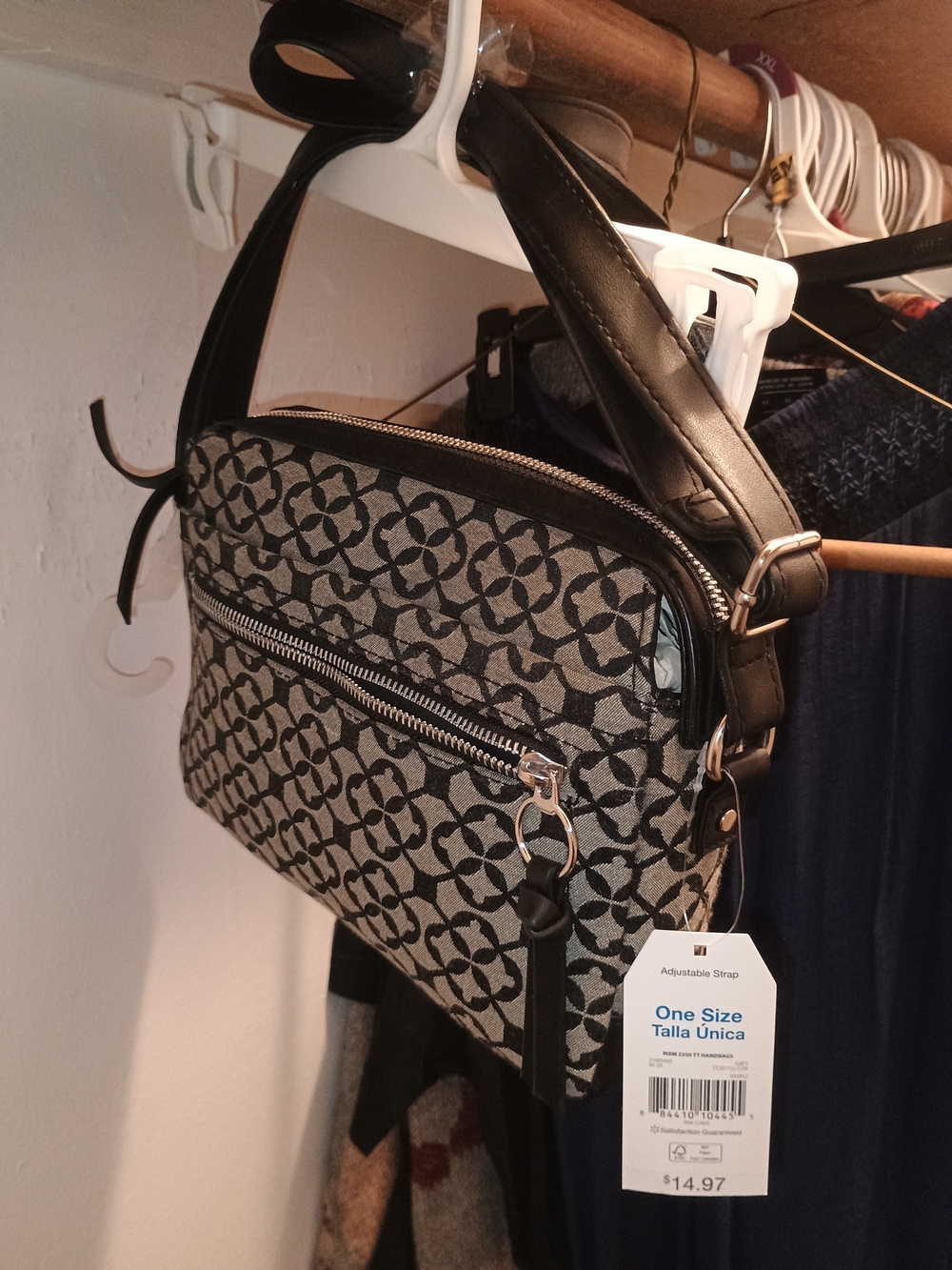 Black Patterned Crossbody Bag with Adjustable Strap
